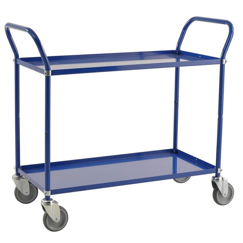 Hyllvagn Color, 2 plan, L1080 x B480 x H940 mm, kap. 250 kg, röd, broms